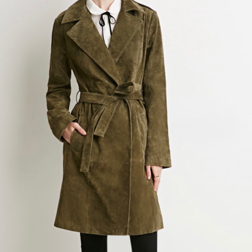 Green Olive Suede Trench Coat XS